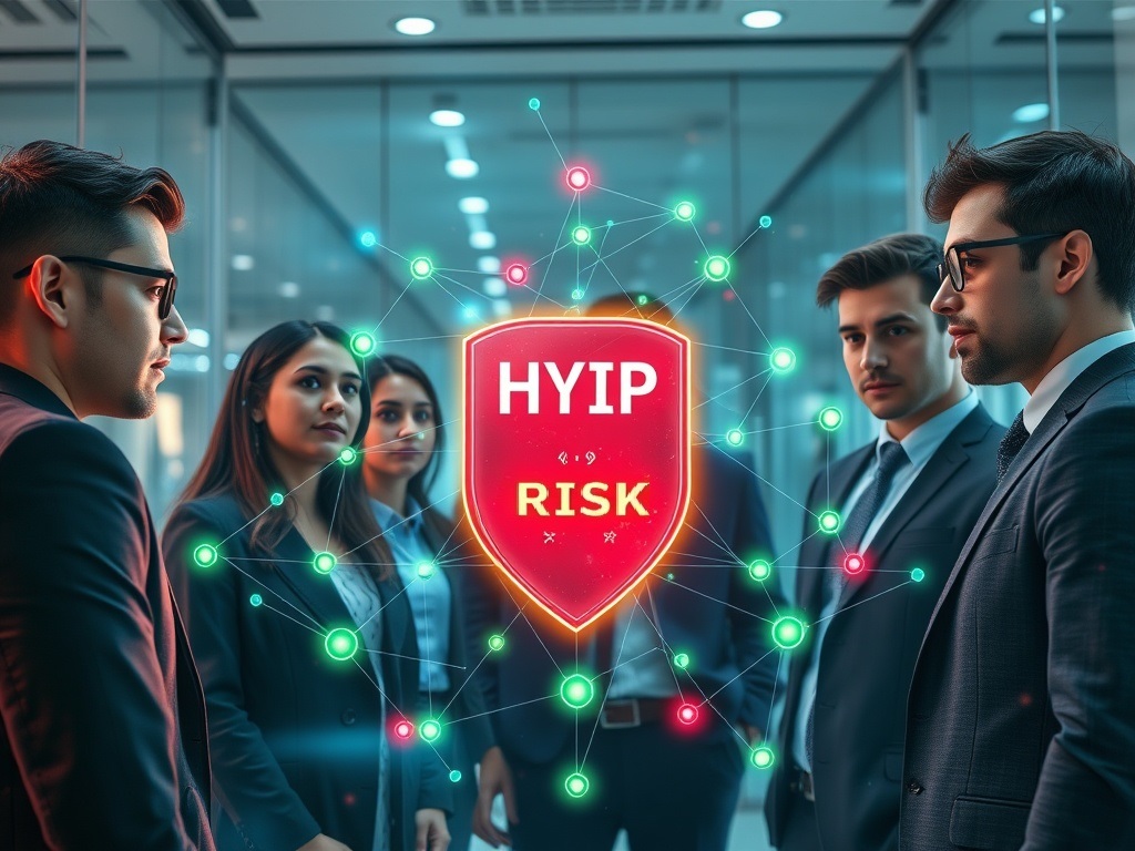 An investor analyzing a vibrant data dashboard about HYIP investment risks, showing safe and high-risk opportunities.