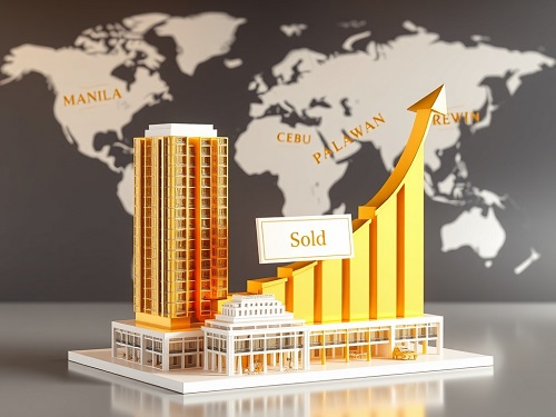 A smiling couple relaxing on the balcony of their condo hotel investment property, overlooking a stunning beach and a chart showing rising rental income.