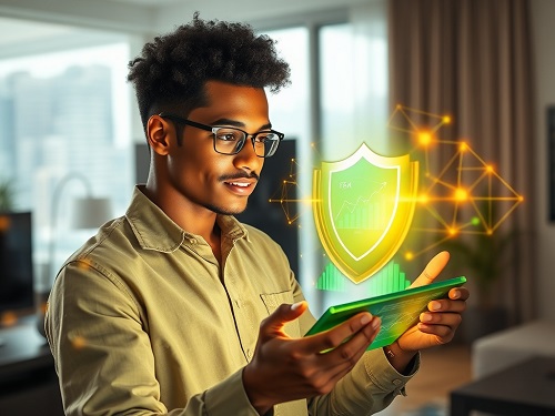 A modern investor confidently using a digital tablet with secure shields and graphs, representing strong online investment safety practices.