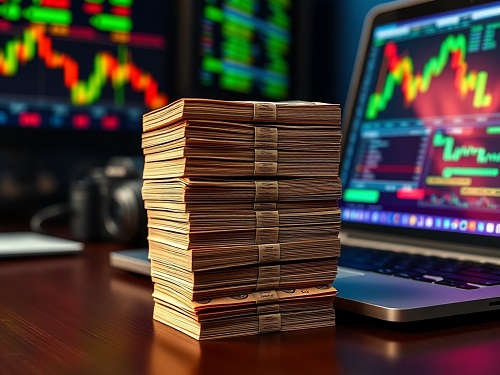 The visual blueprint of a winning day trading system: a stack of ten contracts grows from a single one, next to a laptop displaying the clear rules: "Target: $300, Stop: $200."