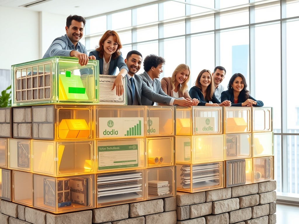 Iconic safe haven investments like gold bars, treasury bonds, and real estate documents protecting a portfolio from market storm clouds.