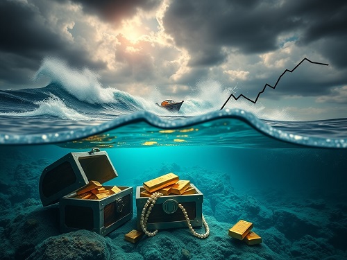 An investor confidently walking past a chaotic stock chart, guided by a calm path labeled with key safe haven investments for 2025.