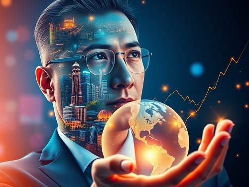 A confident professional analyzing a world map with connected financial hubs, representing modern offshore investment strategies.