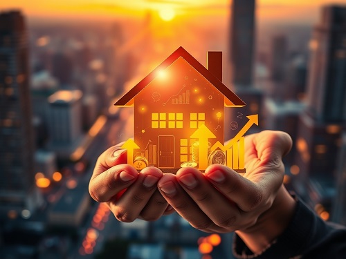 Conceptual image showing a house transforming into a growing graph, symbolizing home equity investing.