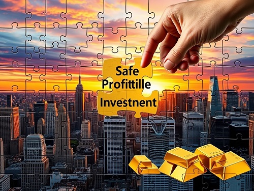 A hand placing a golden puzzle piece labeled 'Safe Profitable Investments' into a complete financial plan.