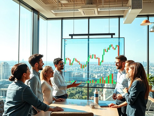 A diverse team collaborating on a successful profitable forex trading strategy.