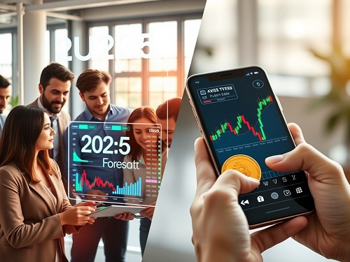 A diverse team of investors analyzing a digital screen displaying key 2025 investment strategies.