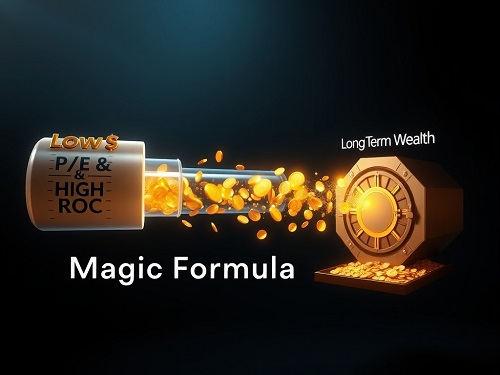 A conceptual image showing a key unlocking a treasure chest, symbolizing magic formula investing.
