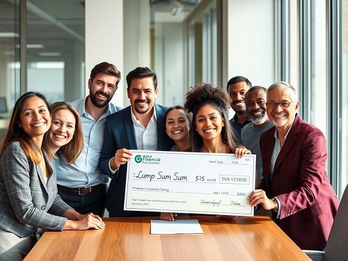 A confident structured settlement broker shaking hands with a happy client after a successful deal.
