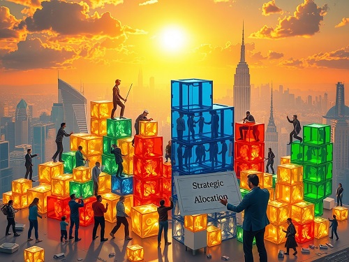 An analytical chart overlay on a global map, highlighting diversified investments and connected by the central theme of Strategic Asset Allocation.