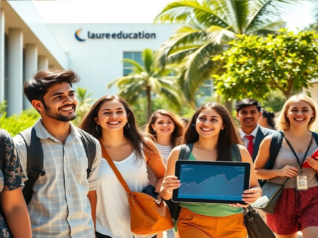 A diverse group of students studying on a modern university campus, representing the growth and opportunity of a global education investment.