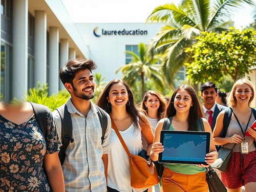 A top-down view of a laptop showing a stock chart, a passport, and a diploma representing a personal Global Education Investment strategy.