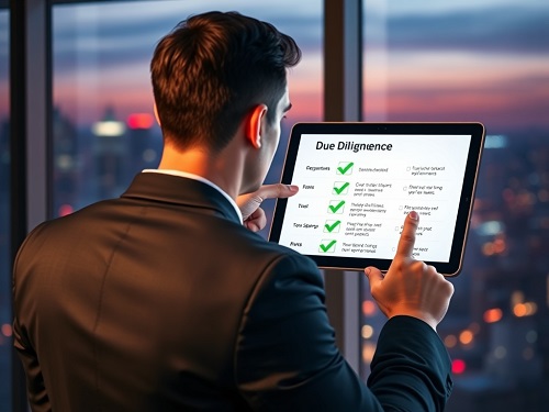 Investment due diligence process flowchart with checkpoints and verification steps.