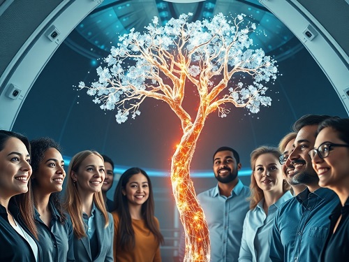 A diverse group of investors engages with a holographic data visualization, embodying the collaborative and tech-driven strategies behind Wealth Acceleration in 2025.