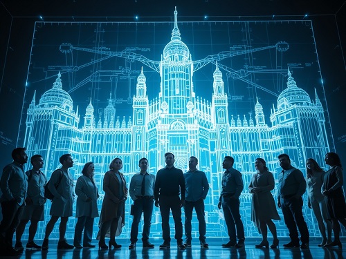 A diverse group of people looking at a futuristic screen displaying a pie chart that illustrates a modern asset allocation strategy for portfolio diversification.