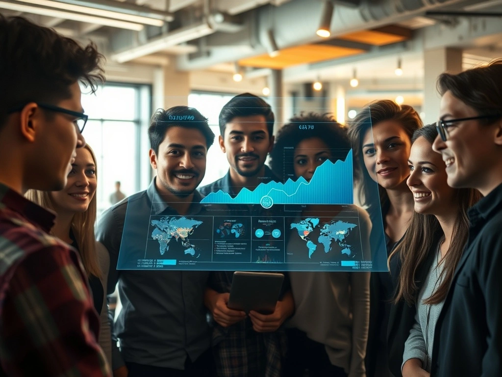 A diverse team analyzing a holographic chart about investing large sums money for wealth growth in 2025.