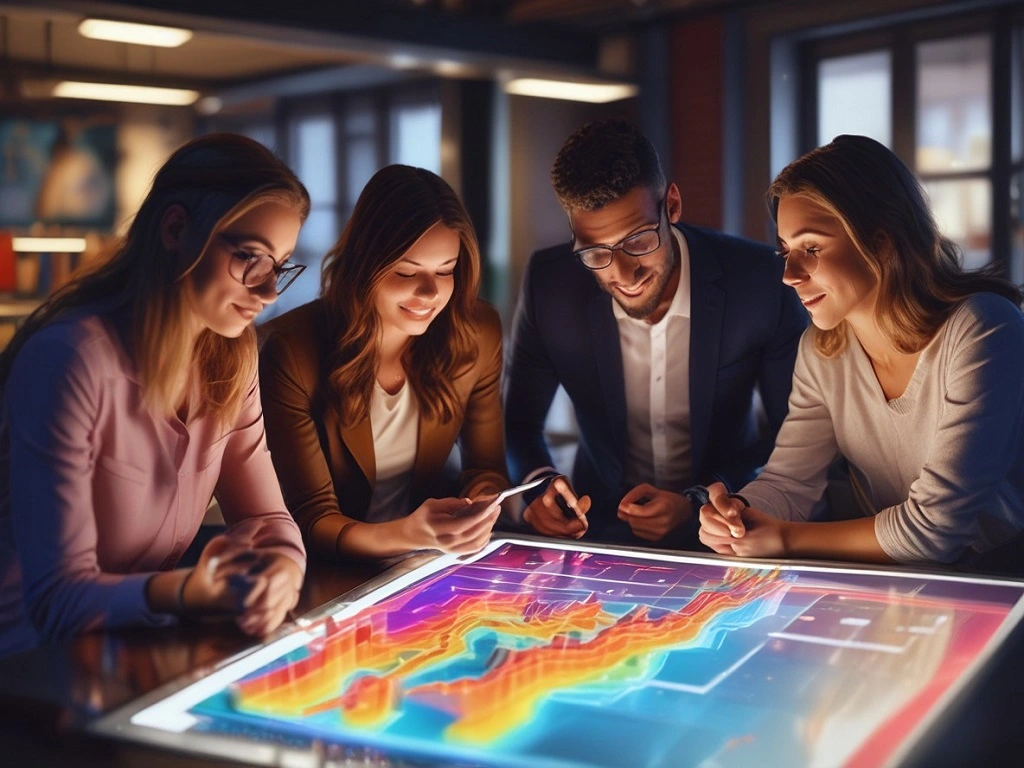 A diverse team explores modern wealth management solutions displayed on a digital screen.