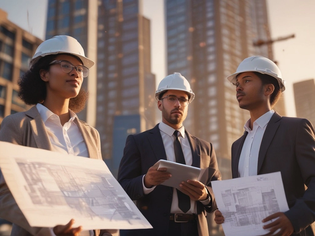 A diverse group of investors looking at a glowing key and financial charts, representing real estate myths debunked.