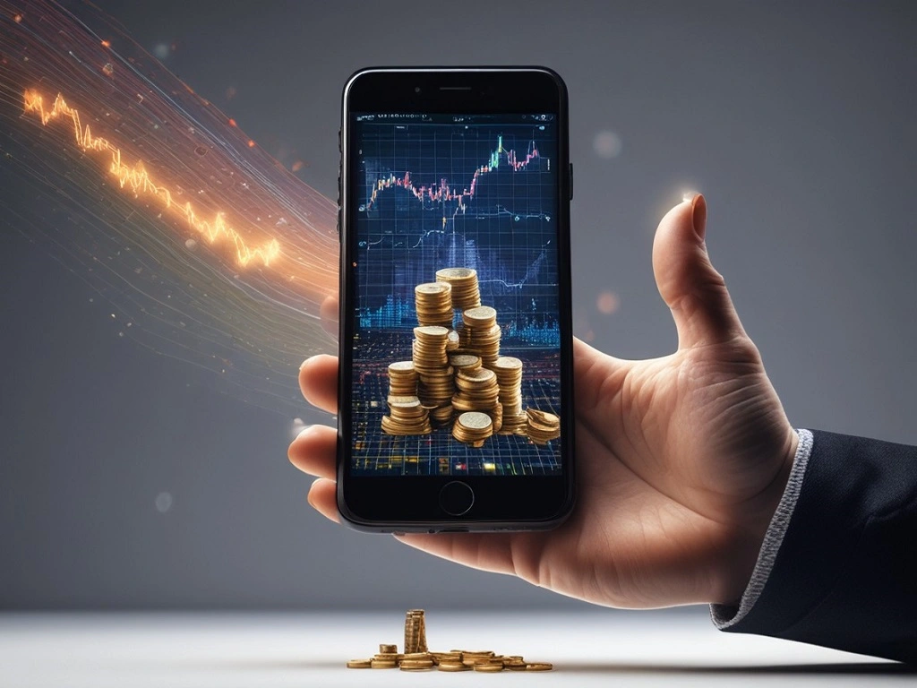A diverse group of people experiencing effortless wealth building as their everyday purchases transform into glowing investment charts and growing digital coins.
