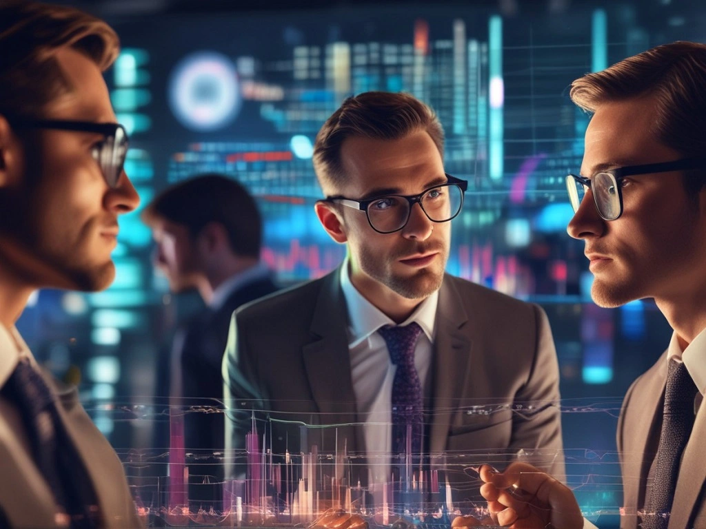 A diverse team explores modern investment concepts through an interactive holographic display showing market data and growth strategies.