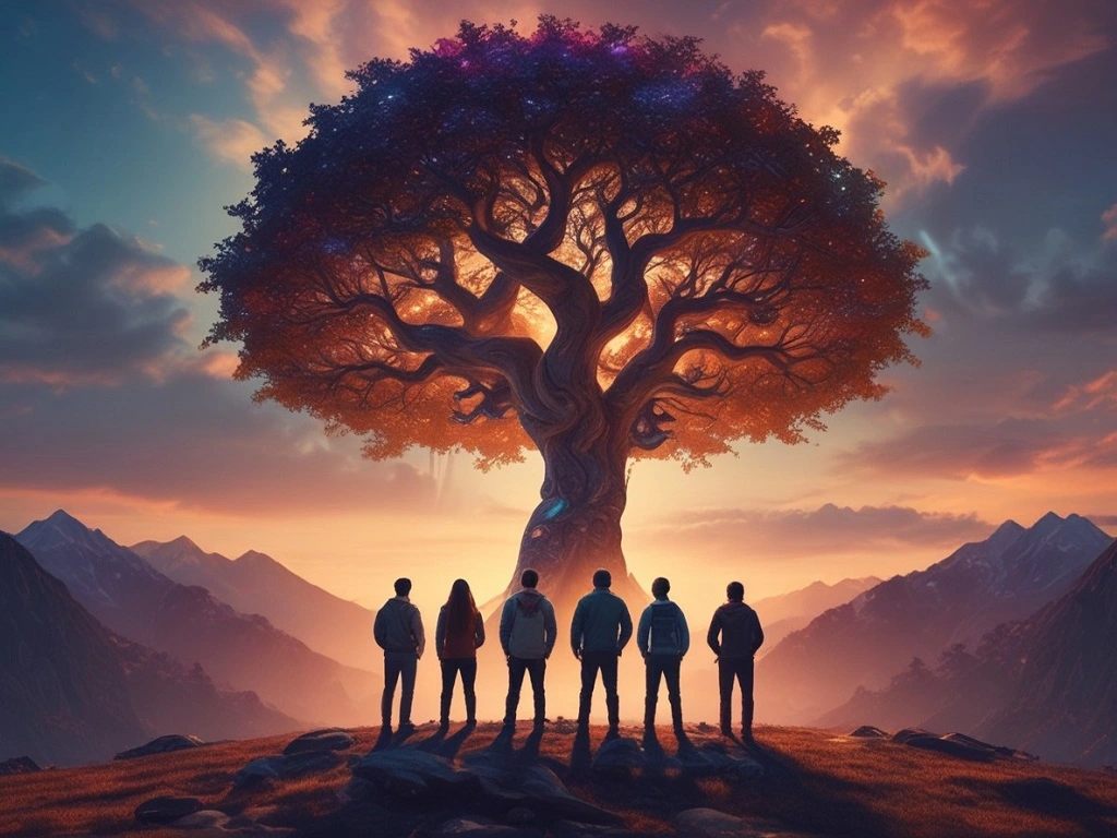 A diverse group of people analyzing a glowing, complex crystal that represents a self directed IRA investing portfolio, symbolizing control and tangible wealth growth.