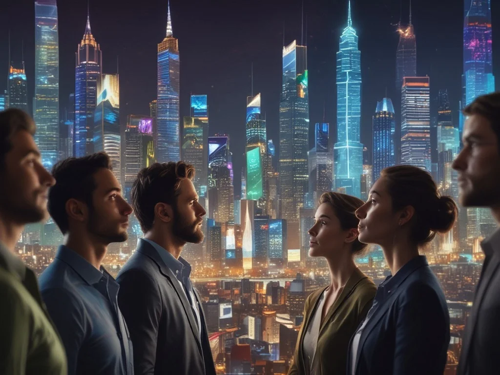 A diverse group of modern investors analyzes a glowing holographic interface displaying key NFT market trends 2025 data visualizations.