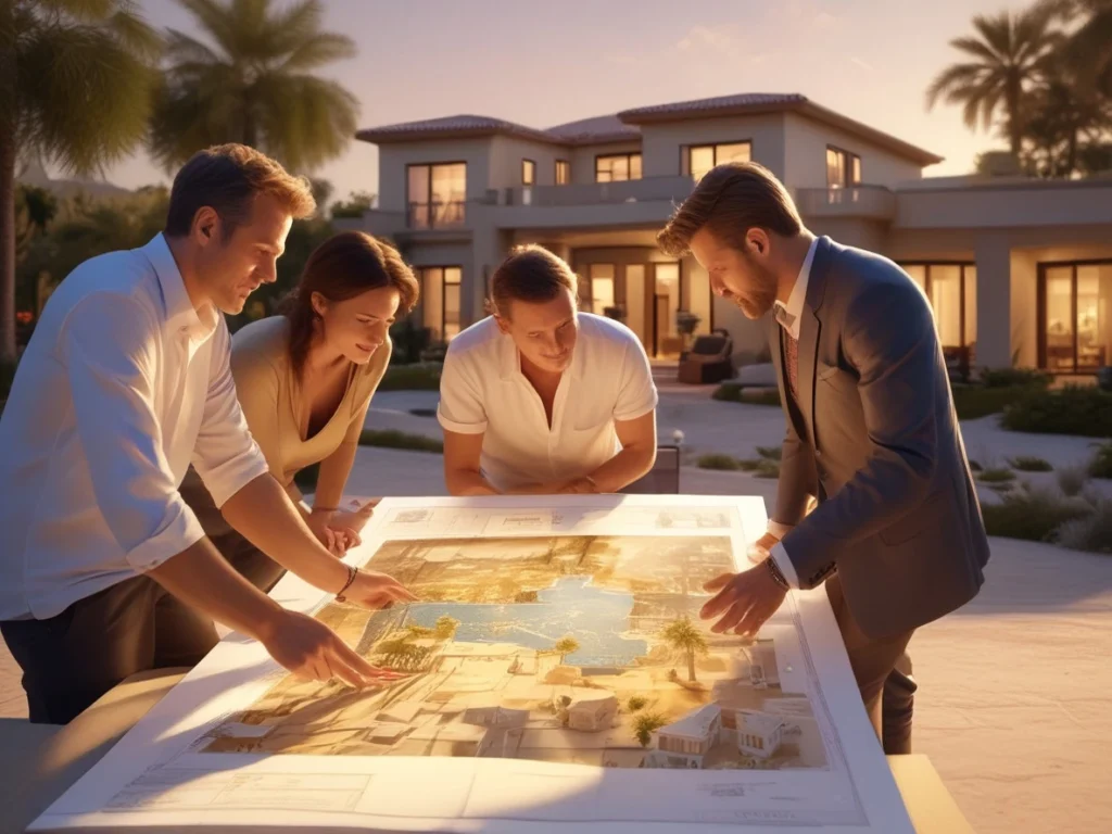 A diverse group of investors discussing a Costa del Sol property portfolio overlaid with glowing market data and a sun-drenched coastal backdrop.