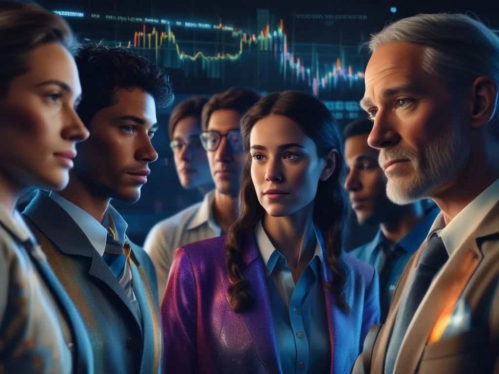 An investor avoids the financial media pitfalls by focusing on a long-term plan, represented by a glowing crystal, while chaotic market data swirls in the background.