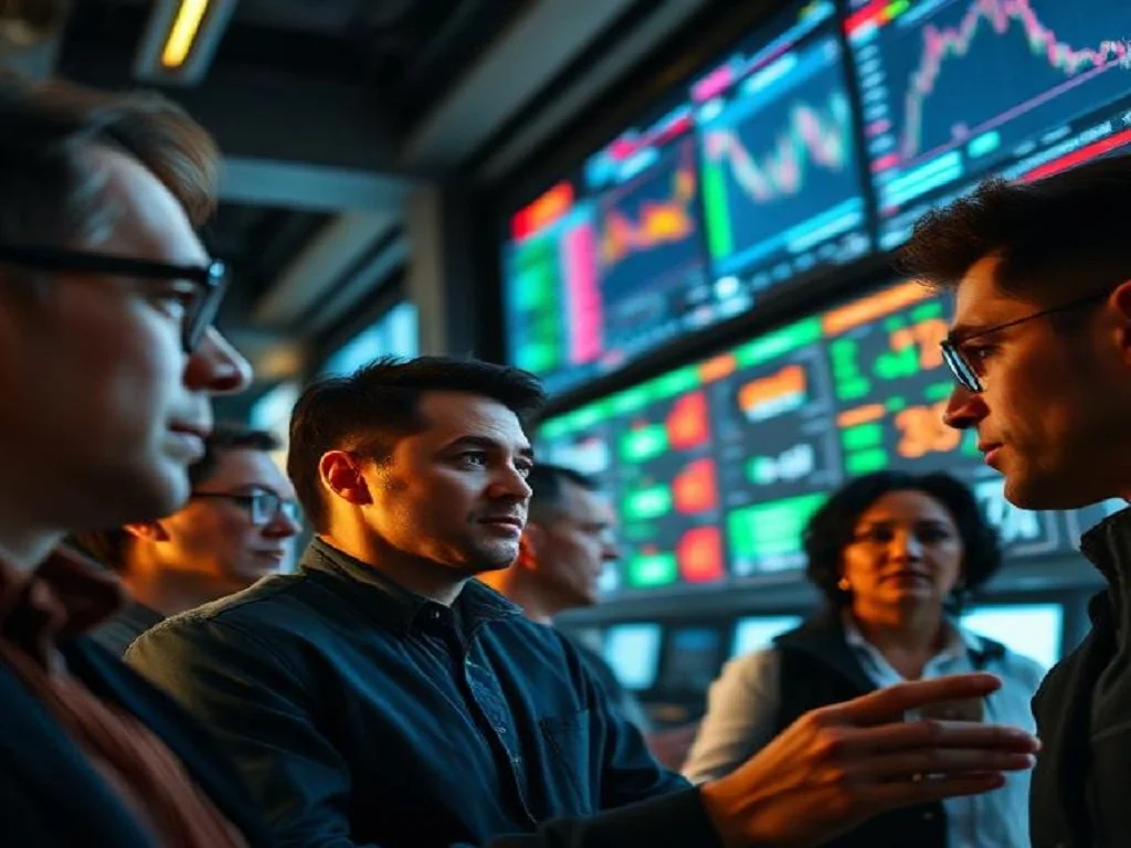 A diverse team successfully engages in profitable day trading, analyzing real-time data on multiple glowing screens in a modern office.